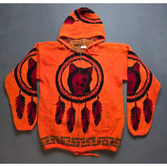 Andes Artesania Med Artsy Hoodie Wolf Dreamcatcher Tribal Feathers Native Bright - Picture 1 of 10